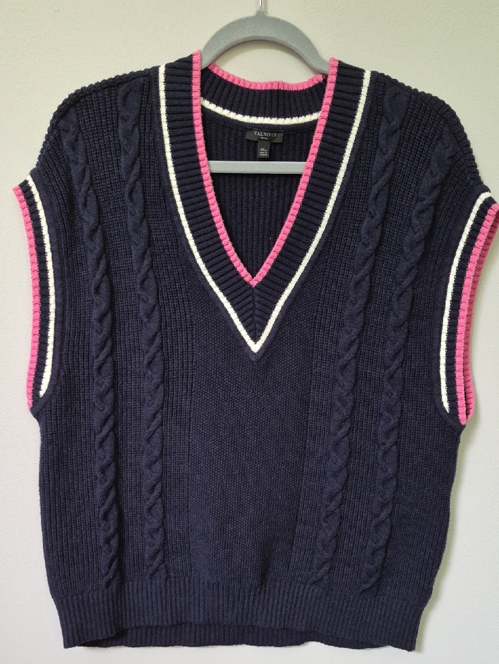 Talbots Cable Knit V Neck Sweater Vest Contrast Trim Womens XLP Sporty Classic